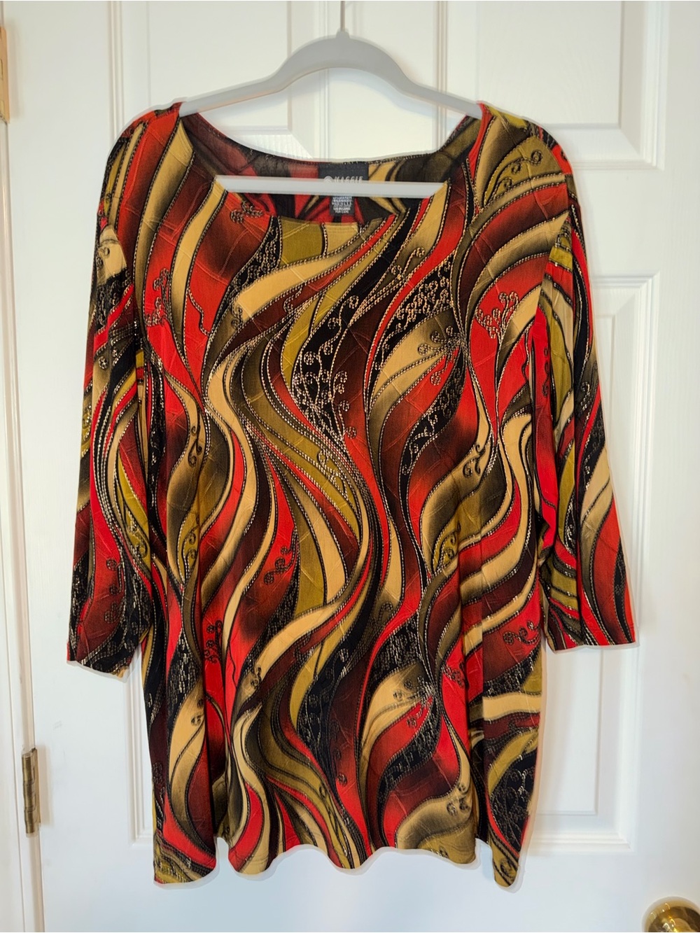 Maggie Barnes Red, Gold and Black Swirl-Print 3/4 Sleeve Tunic